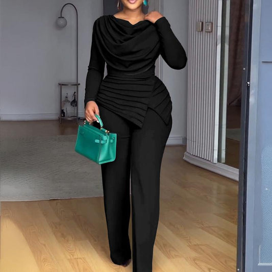 Chicme Cowl Neck Asymmetrical Patchwork Ruched Jumpsuit Casual Cinched Waist Zipper Back Straight Leg Jumpsuit