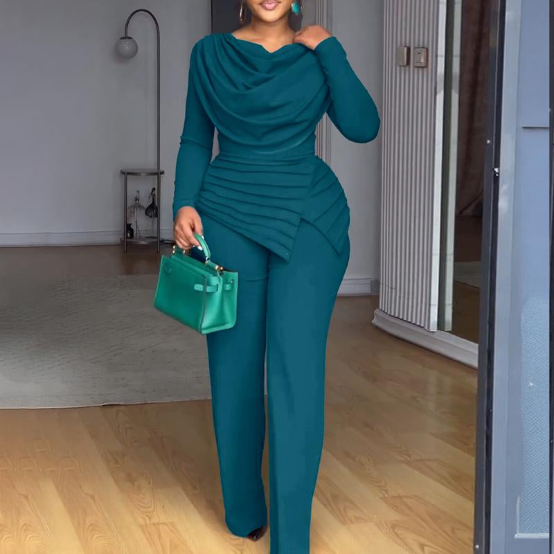 Chicme Cowl Neck Asymmetrical Patchwork Ruched Jumpsuit Casual Cinched Waist Zipper Back Straight Leg Jumpsuit