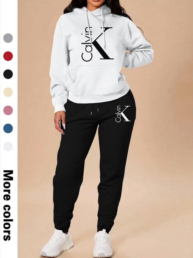 Women'S Casual Hooded Sweatshirt Set, Long Sleeve Letter Print Top + Pants, Fall & Winter Fitted Sportswear with Pockets, Sweatsuit Set
