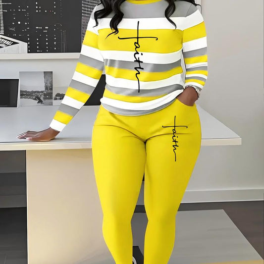 2025 New plus Size Women'S Long-Sleeve Striped Color-Block Top and Leggings Set Letter Print Slim-Fit Long-Sleeve Top Comfortable High-Waisted Casual Style Perfect for Spring and Fall