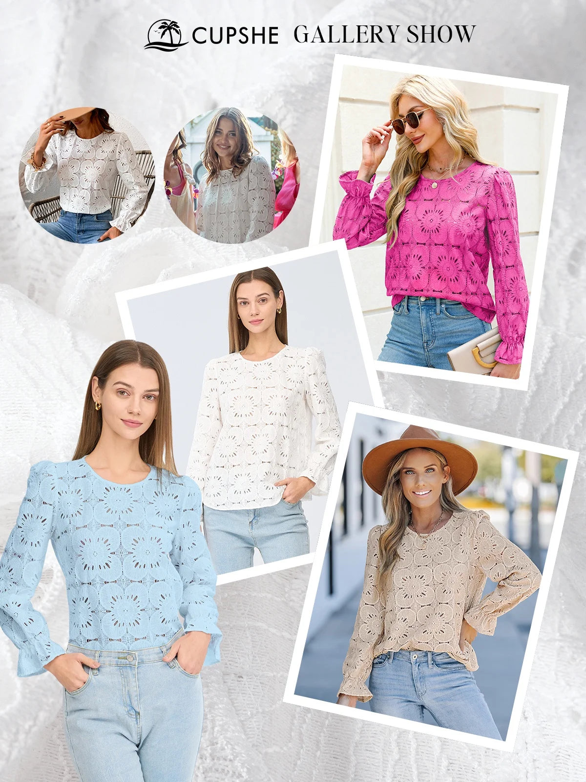 Women'S Eyelet Long Sleeve Tops Shirts Hollow Out Crochet Lace Embroidered Blouses, Sizes XS-XL