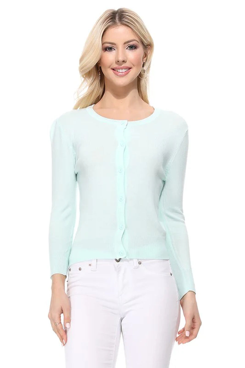 Crew Neck Button down Cardigan Sweater 3/4 Sleeve