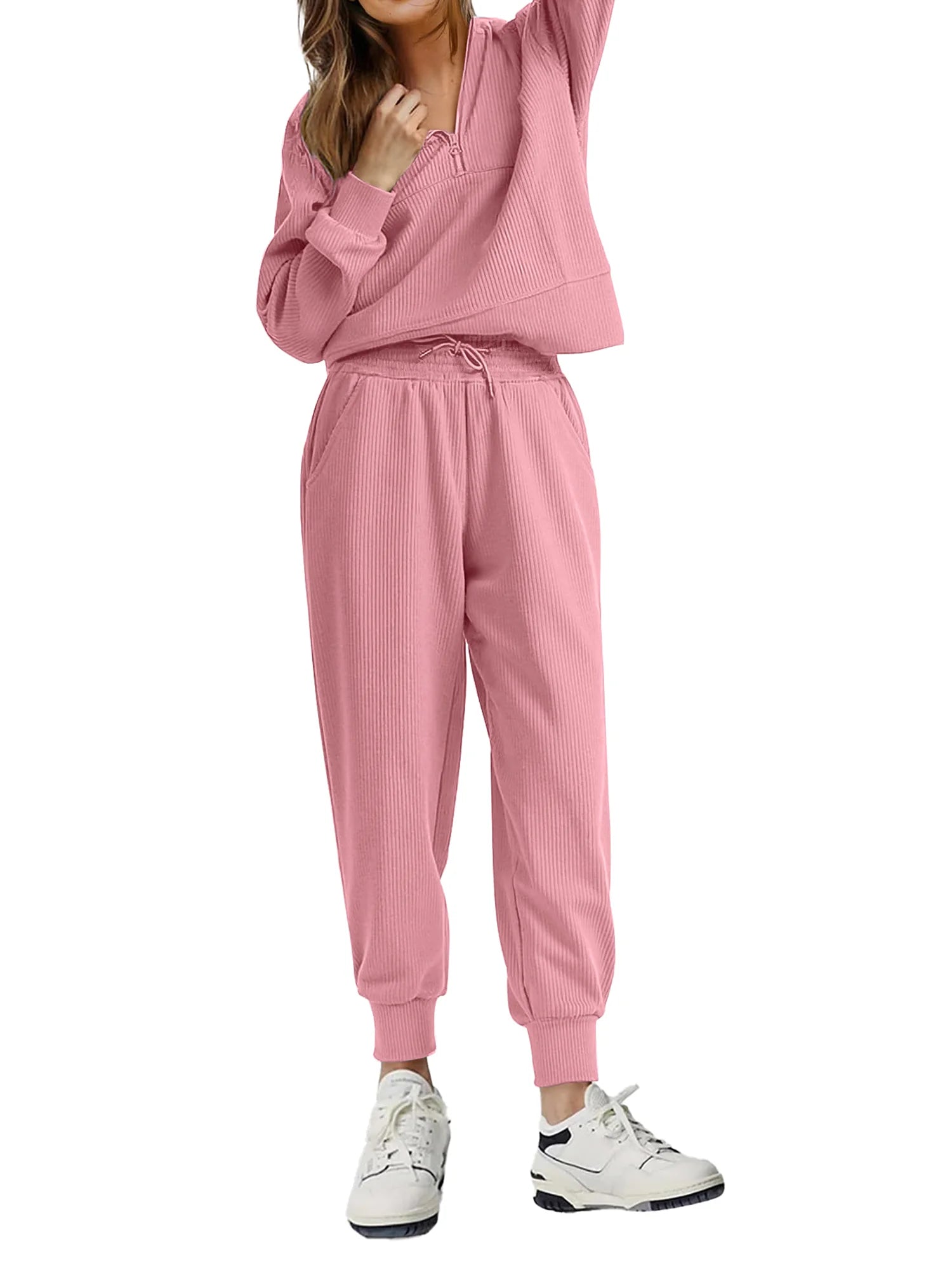 Womens 2 Piece Outfits Long Sleeve Half Zip Sweatsuits with Pockets Pullover Lounge Set