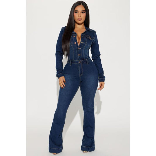 Day Dreaming Long Sleeve Denim Jumpsuit - Dark Denim