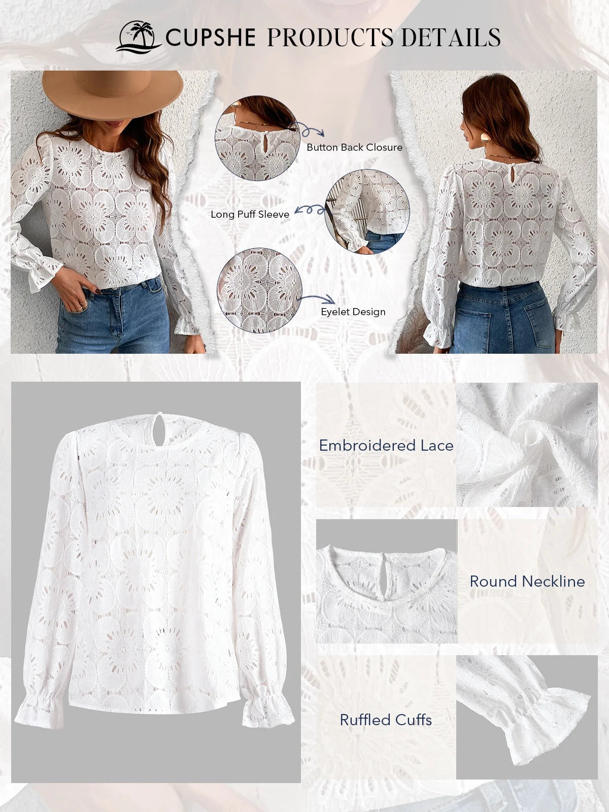 Women'S Eyelet Long Sleeve Tops Shirts Hollow Out Crochet Lace Embroidered Blouses, Sizes XS-XL