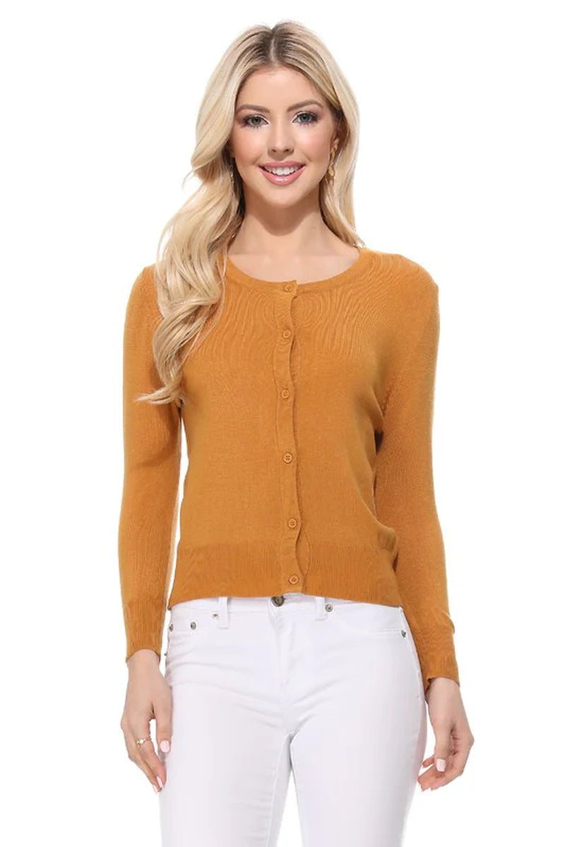 Crew Neck Button down Cardigan Sweater 3/4 Sleeve