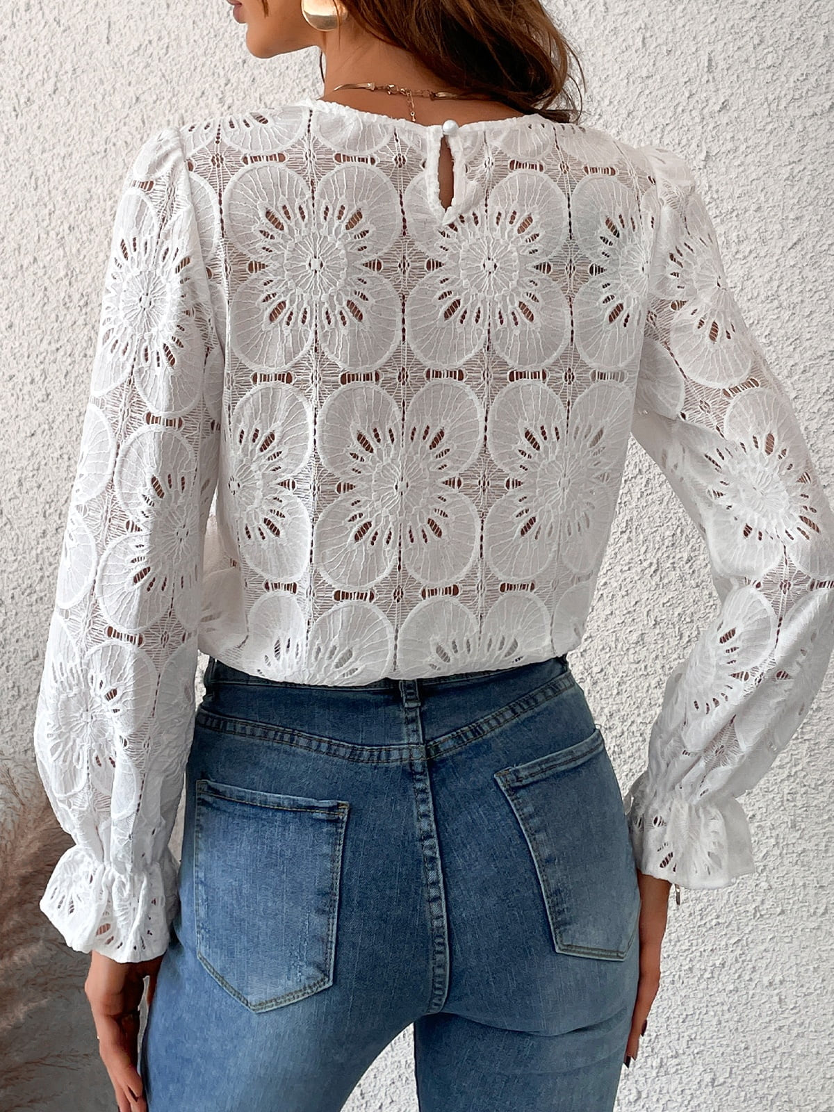 Women'S Eyelet Long Sleeve Tops Shirts Hollow Out Crochet Lace Embroidered Blouses, Sizes XS-XL