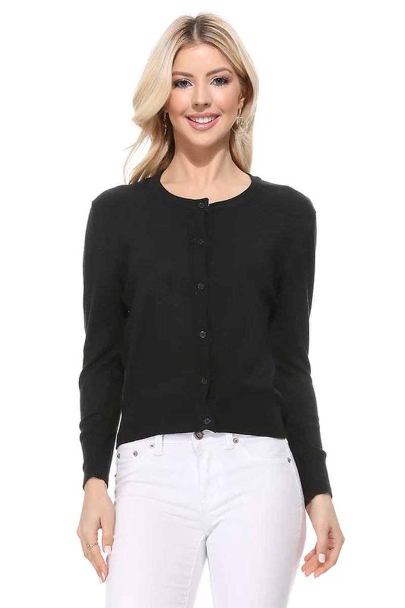 Crew Neck Button down Cardigan Sweater 3/4 Sleeve