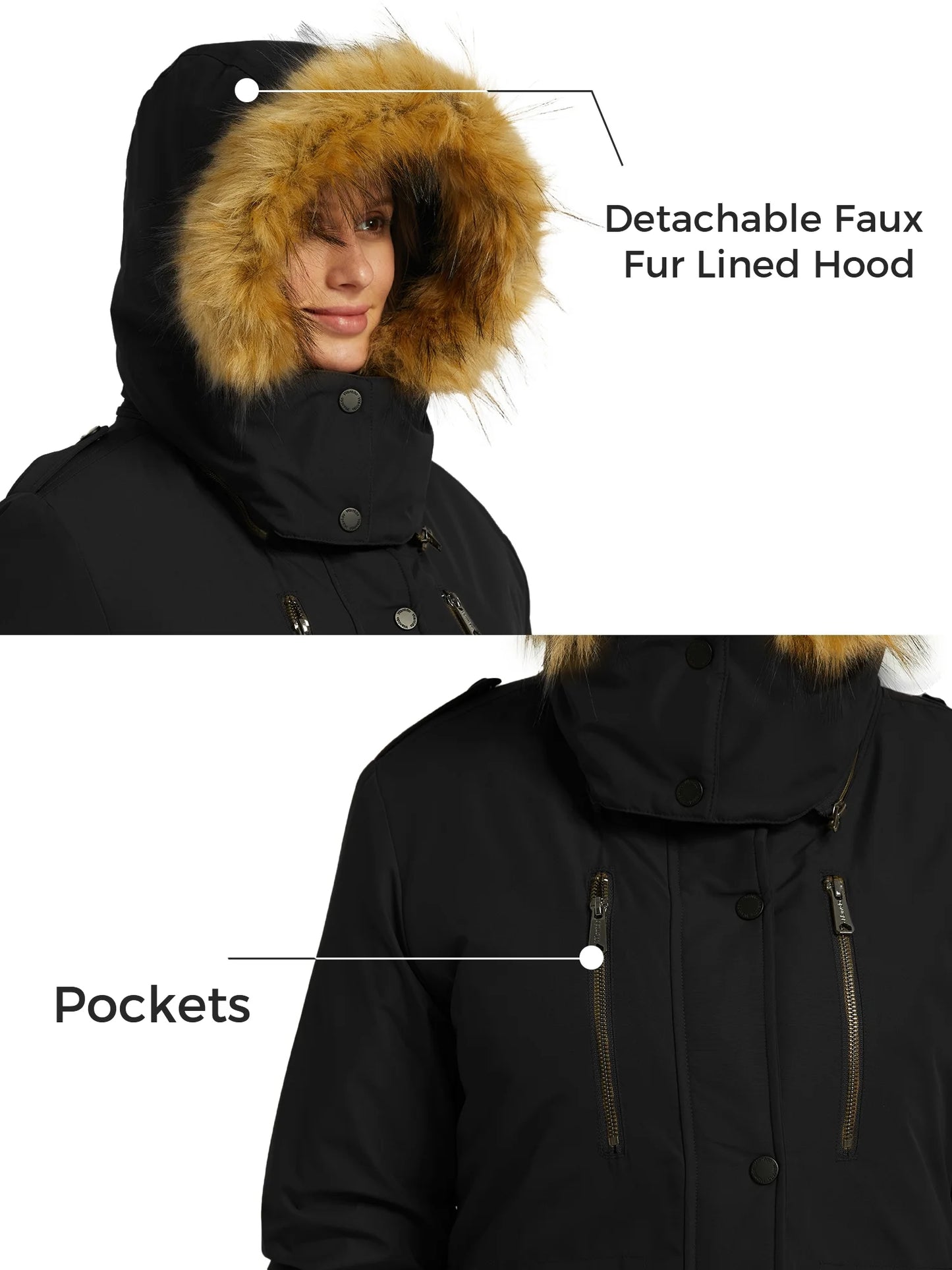 Women'S Recycled Winter Coat Thickened Winter Jacket Hooded Parka Jacket Black L