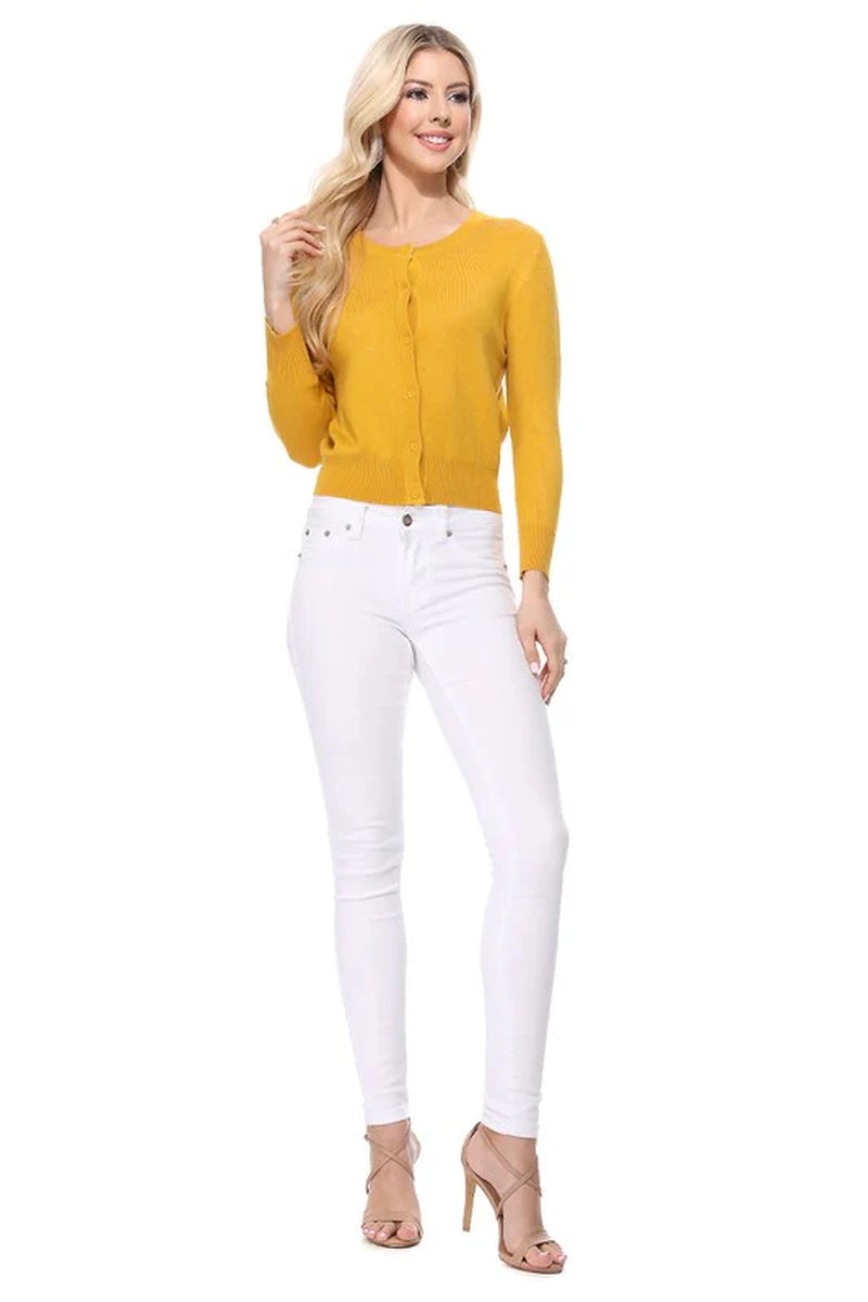 Crew Neck Button down Cardigan Sweater 3/4 Sleeve