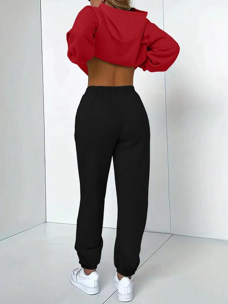 Women'S Casual Hooded Sweatshirt Set, Long Sleeve Letter Print Top + Pants, Fall & Winter Fitted Sportswear with Pockets, Sweatsuit Set