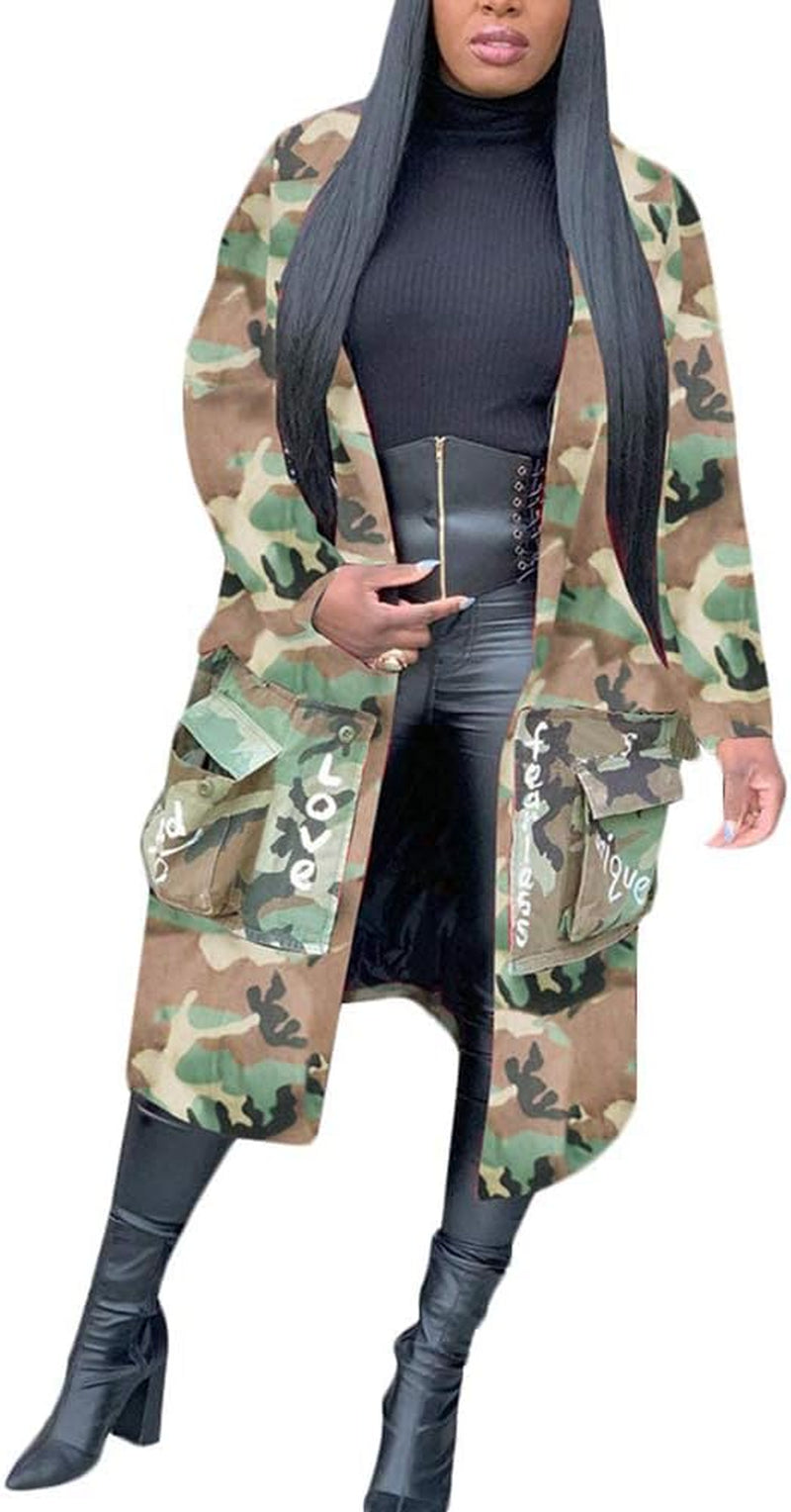 Camo Blazer Jacket for Women Lapel Long Sleeve Open Front Cardigan Coat Classic Pockets Overcoat Outwear
