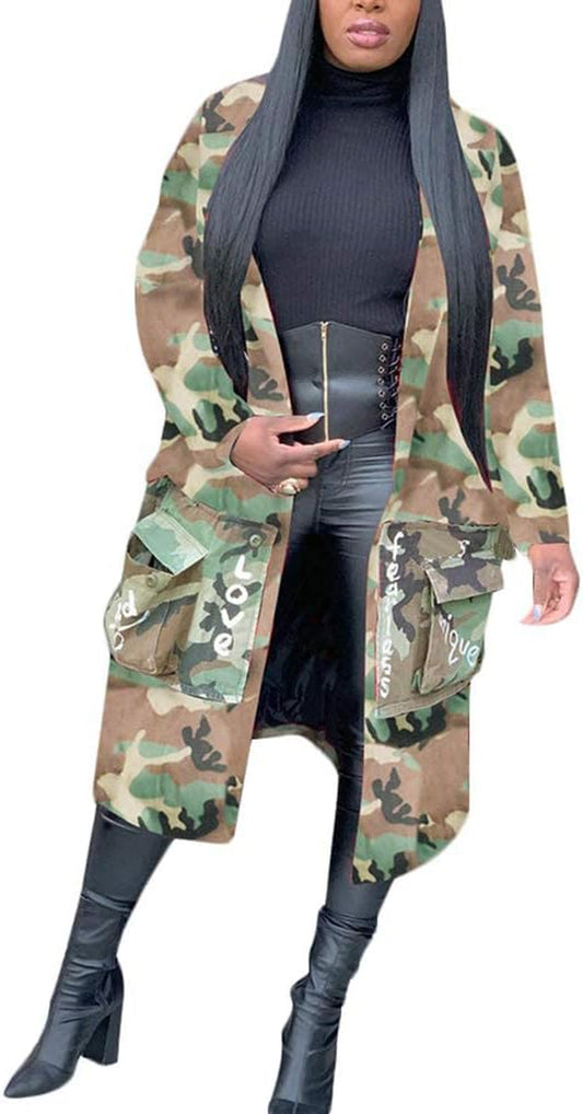 Camo Blazer Jacket for Women Lapel Long Sleeve Open Front Cardigan Coat Classic Pockets Overcoat Outwear