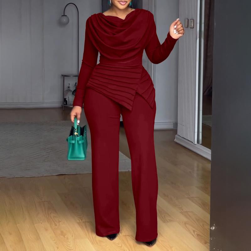 Chicme Cowl Neck Asymmetrical Patchwork Ruched Jumpsuit Casual Cinched Waist Zipper Back Straight Leg Jumpsuit