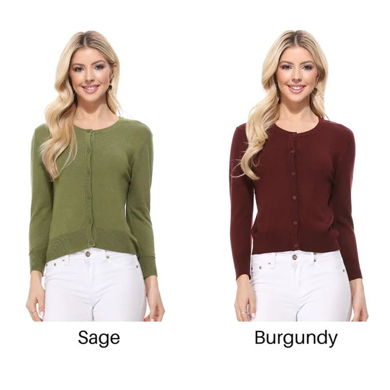 Crew Neck Button down Cardigan Sweater 3/4 Sleeve