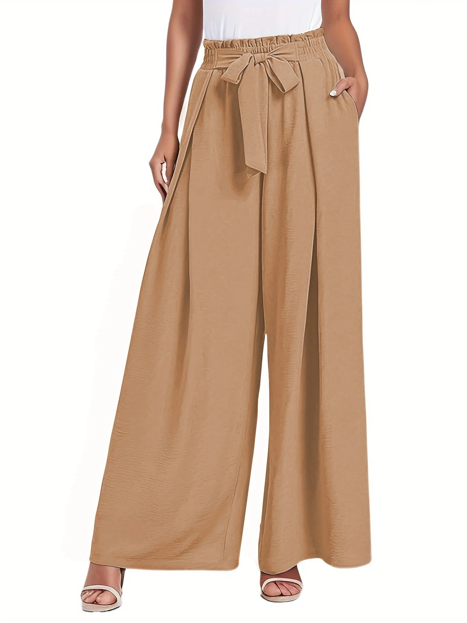 Womens Wide Leg Lounge Pants with Pockets High Waisted Adjustable Tie Knot Loose Casual Trousers Dress Work Pants