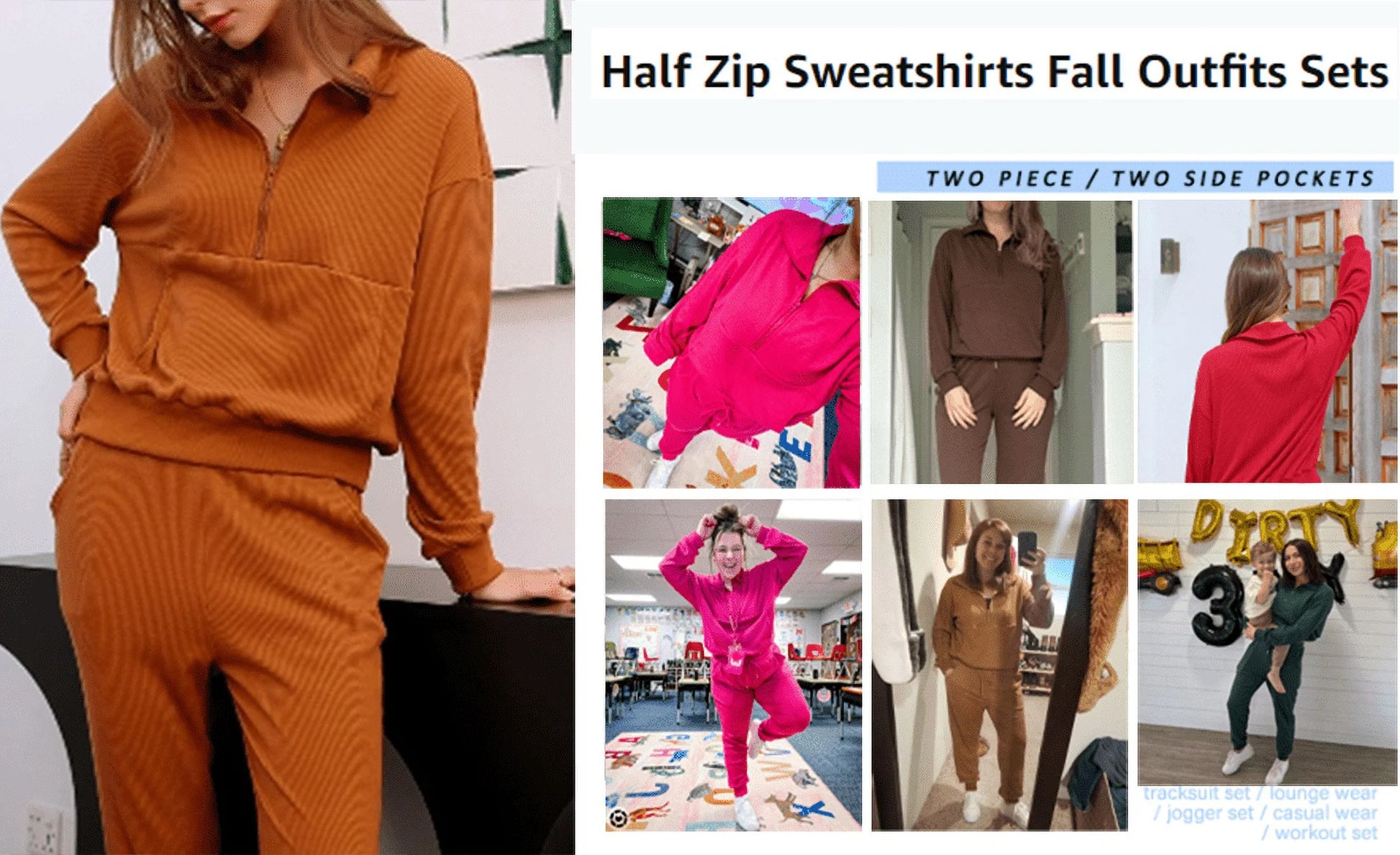 Womens 2 Piece Outfits Long Sleeve Half Zip Sweatsuits with Pockets Pullover Lounge Set