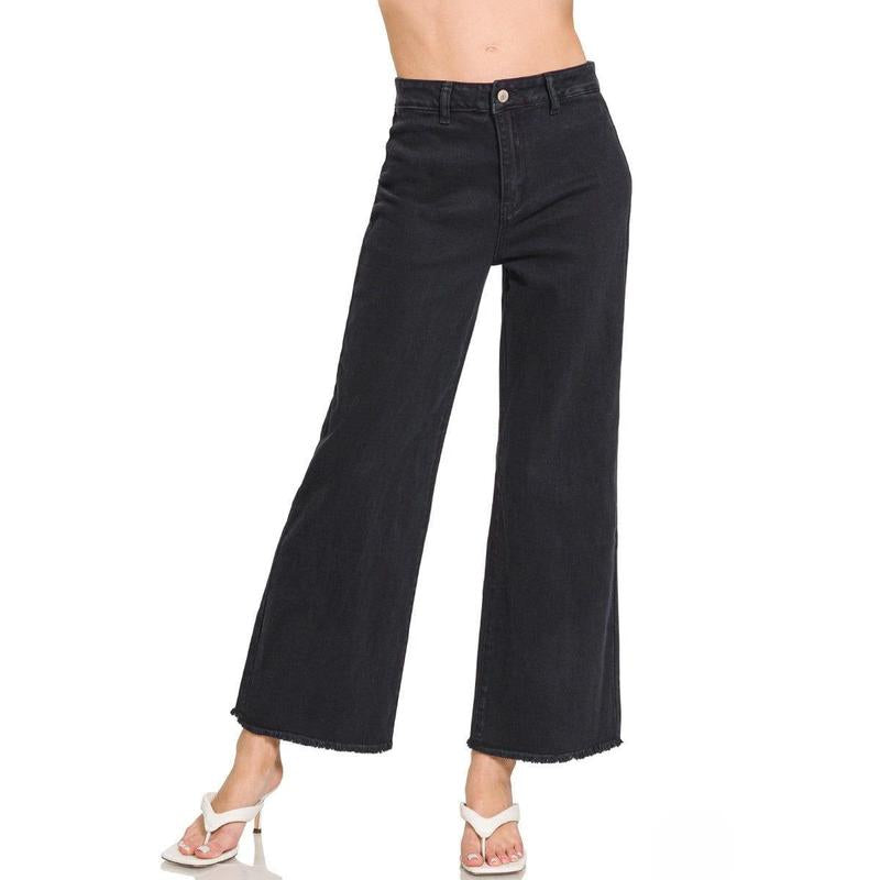 Zenana Acid Washed Frayed Cutoff Hem Straight Wide Pants