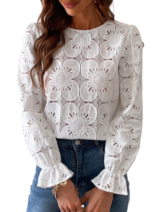 Women'S Eyelet Long Sleeve Tops Shirts Hollow Out Crochet Lace Embroidered Blouses, Sizes XS-XL