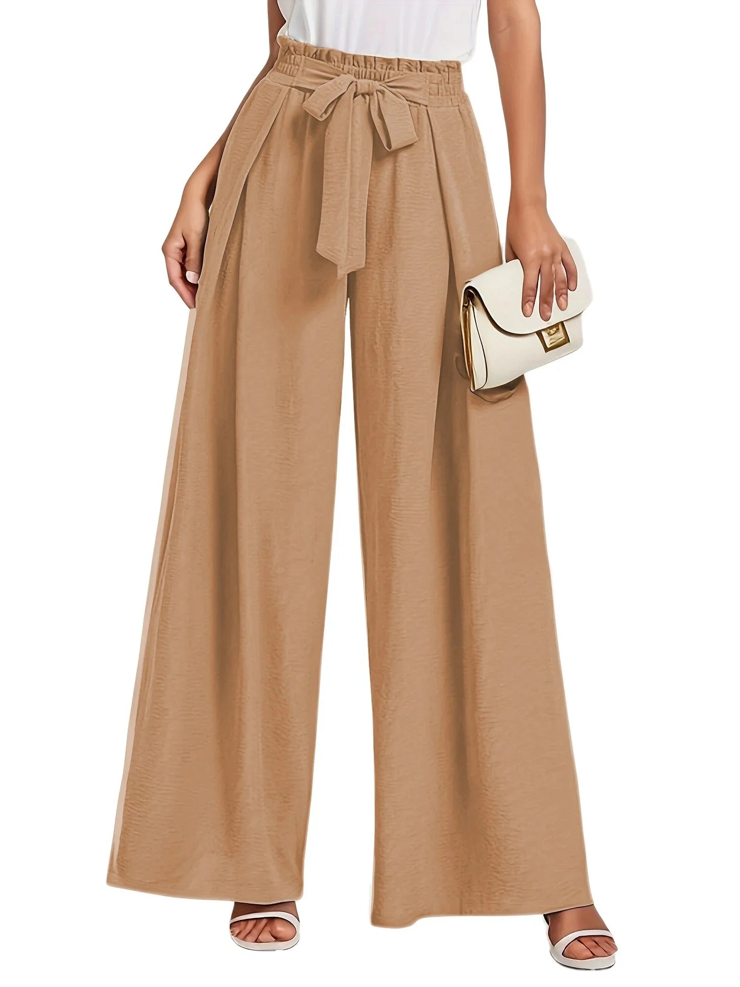 Womens Wide Leg Lounge Pants with Pockets High Waisted Adjustable Tie Knot Loose Casual Trousers Dress Work Pants