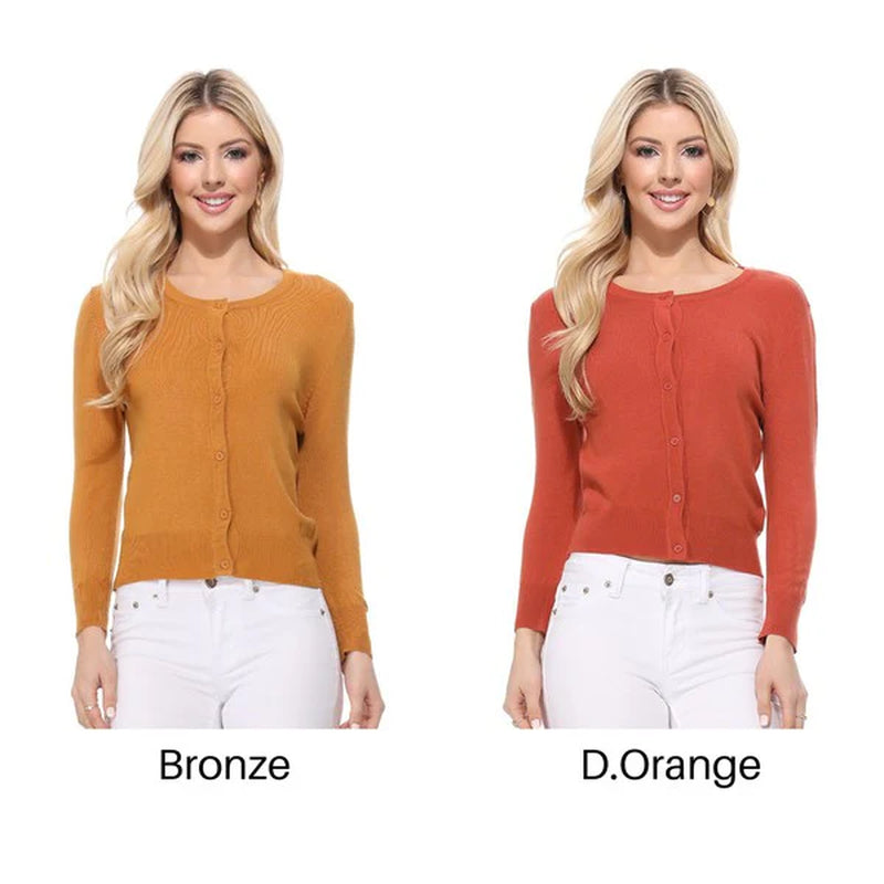 Crew Neck Button down Cardigan Sweater 3/4 Sleeve