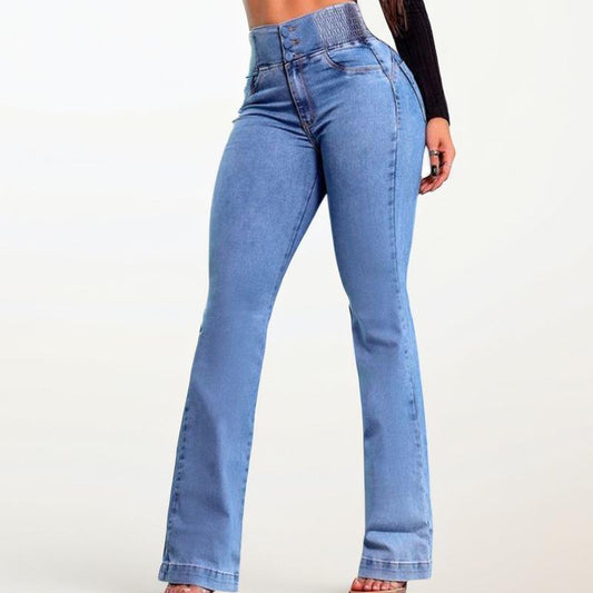 2025 Elastic Waist High Waist Stretch Tights Slightly Flared Hip Lift Denim Trousers Flared Jeans Wide Leg Jeans Tiktokshopbacktoschool