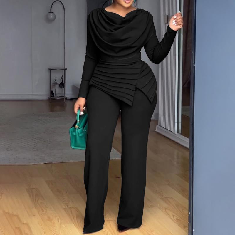 Chicme Cowl Neck Asymmetrical Patchwork Ruched Jumpsuit Casual Cinched Waist Zipper Back Straight Leg Jumpsuit