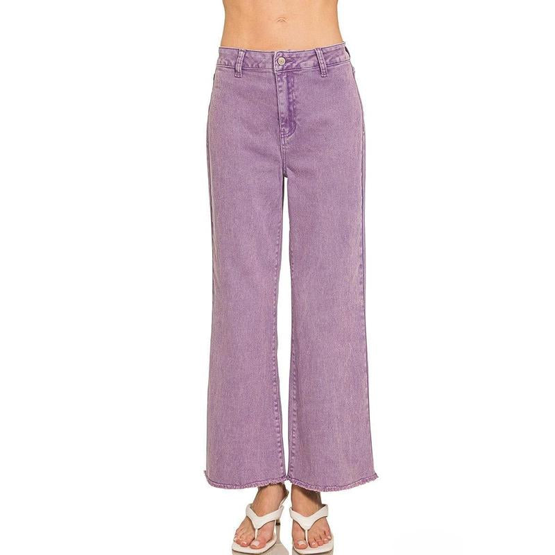 Zenana Acid Washed Frayed Cutoff Hem Straight Wide Pants