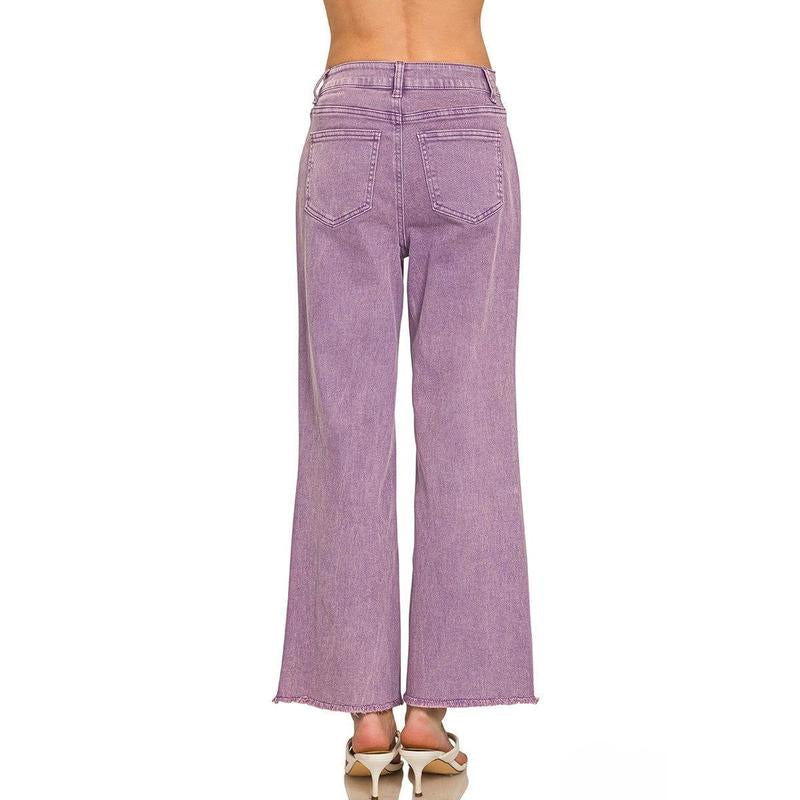 Zenana Acid Washed Frayed Cutoff Hem Straight Wide Pants