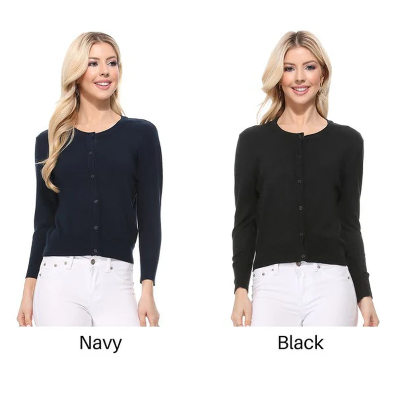 Crew Neck Button down Cardigan Sweater 3/4 Sleeve
