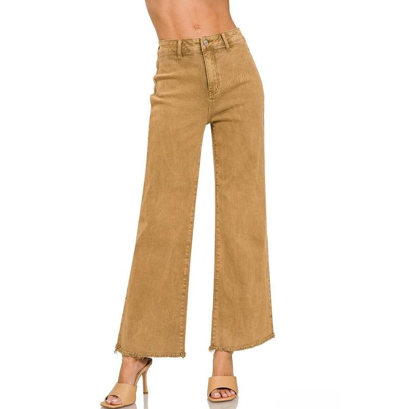 Zenana Acid Washed Frayed Cutoff Hem Straight Wide Pants