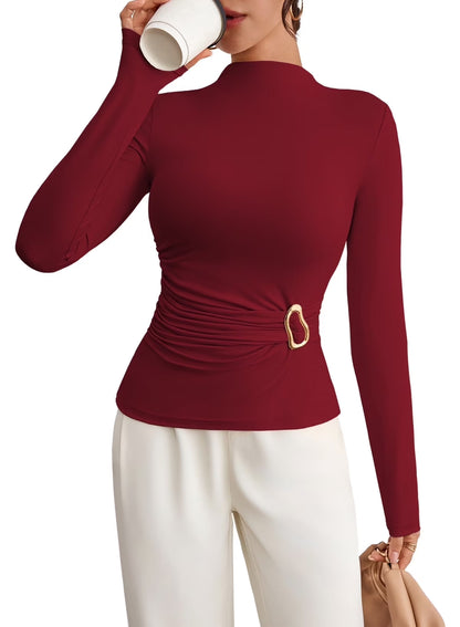 Fall 2025 Women'S Mock Neck Long Sleeve Tops Pleated Wrap Waist with Metal Buttons Stretch Slim Fit Shirts