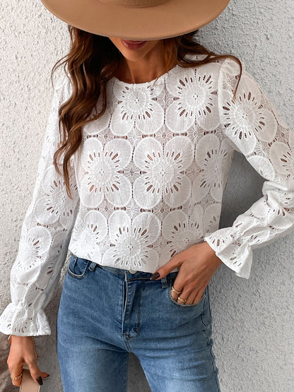 Women'S Eyelet Long Sleeve Tops Shirts Hollow Out Crochet Lace Embroidered Blouses, Sizes XS-XL