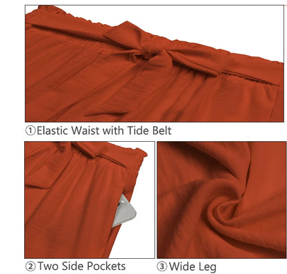 Womens Wide Leg Lounge Pants with Pockets High Waisted Adjustable Tie Knot Loose Casual Trousers Dress Work Pants