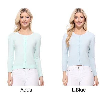Crew Neck Button down Cardigan Sweater 3/4 Sleeve