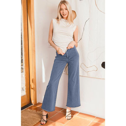 Zenana Acid Washed Frayed Cutoff Hem Straight Wide Pants