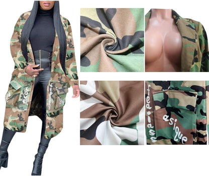 Camo Blazer Jacket for Women Lapel Long Sleeve Open Front Cardigan Coat Classic Pockets Overcoat Outwear