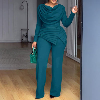 Chicme Cowl Neck Asymmetrical Patchwork Ruched Jumpsuit Casual Cinched Waist Zipper Back Straight Leg Jumpsuit