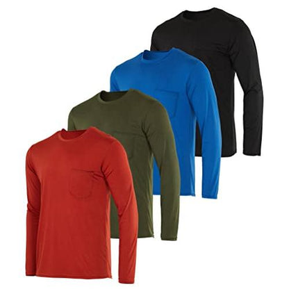 Real Essentials 4 Pack: Men'S Dry-Fit Active Athletic Long Sleeve Pocket Crew T-Shirt Outdoors UPF 50 S-5XLT