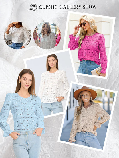 Women'S Eyelet Long Sleeve Tops Shirts Hollow Out Crochet Lace Embroidered Blouses, Sizes XS-XL
