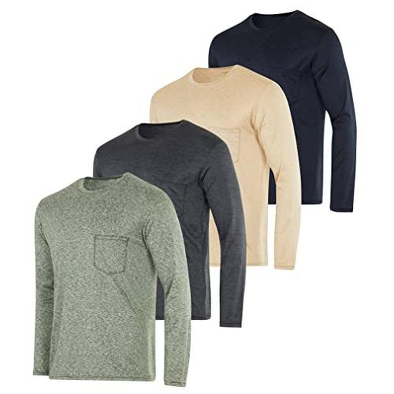 Real Essentials 4 Pack: Men'S Dry-Fit Active Athletic Long Sleeve Pocket Crew T-Shirt Outdoors UPF 50 S-5XLT