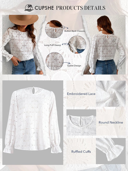 Women'S Eyelet Long Sleeve Tops Shirts Hollow Out Crochet Lace Embroidered Blouses, Sizes XS-XL