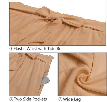 Womens Wide Leg Lounge Pants with Pockets High Waisted Adjustable Tie Knot Loose Casual Trousers Dress Work Pants