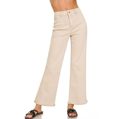 Zenana Acid Washed Frayed Cutoff Hem Straight Wide Pants