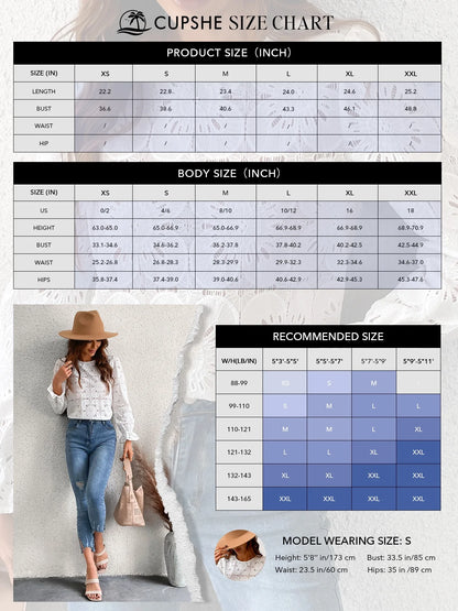 Women'S Eyelet Long Sleeve Tops Shirts Hollow Out Crochet Lace Embroidered Blouses, Sizes XS-XL