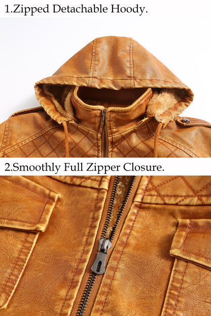 Men’S Leather Jacket and Coats Casual Stand Collar Vintage PU Faux Leather Zip-Up Motorcycle Bomber Jacket with Removable Hood Black S