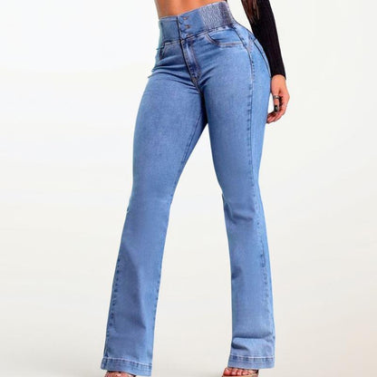 2025 Elastic Waist High Waist Stretch Tights Slightly Flared Hip Lift Denim Trousers Flared Jeans Wide Leg Jeans Tiktokshopbacktoschool