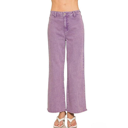 Zenana Acid Washed Frayed Cutoff Hem Straight Wide Pants