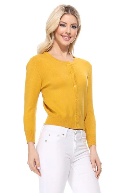 Crew Neck Button down Cardigan Sweater 3/4 Sleeve